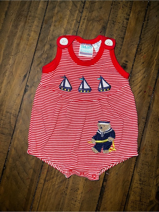 Other - Vintage Baby Red Striped Nautical Romper with Sailboat & Bear